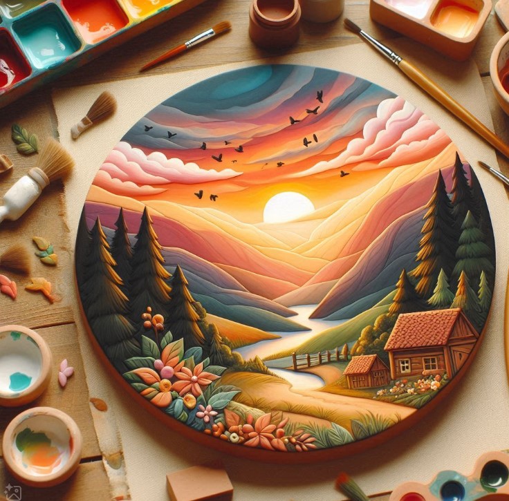 Painting on clay with gouache Sunset sky